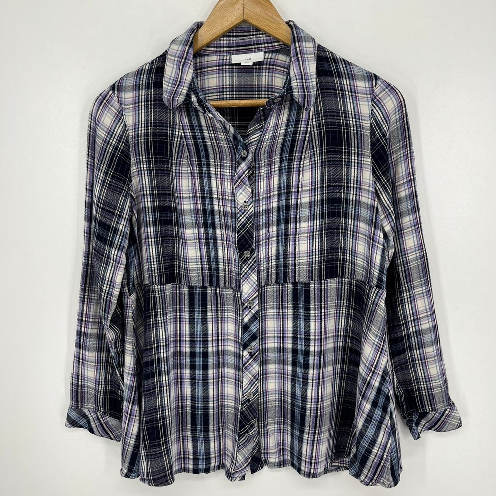 J. Jill Womens Petite Small Plaid Button Down Shirt Purple Navy Rayon